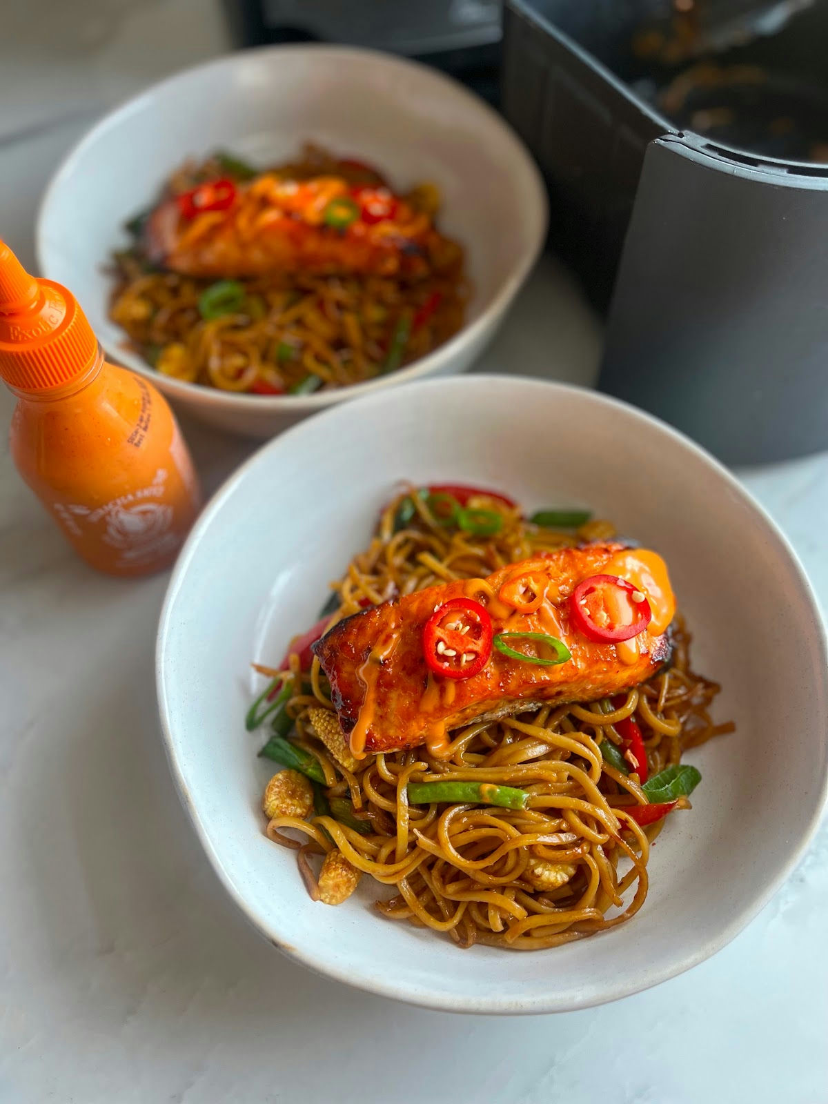 Air fryer bang bang salmon noodles