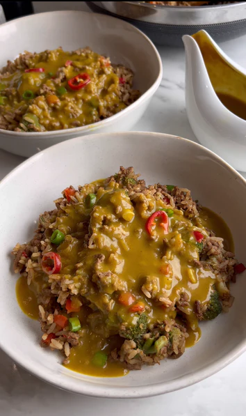 Beef fried rice and curry sauce