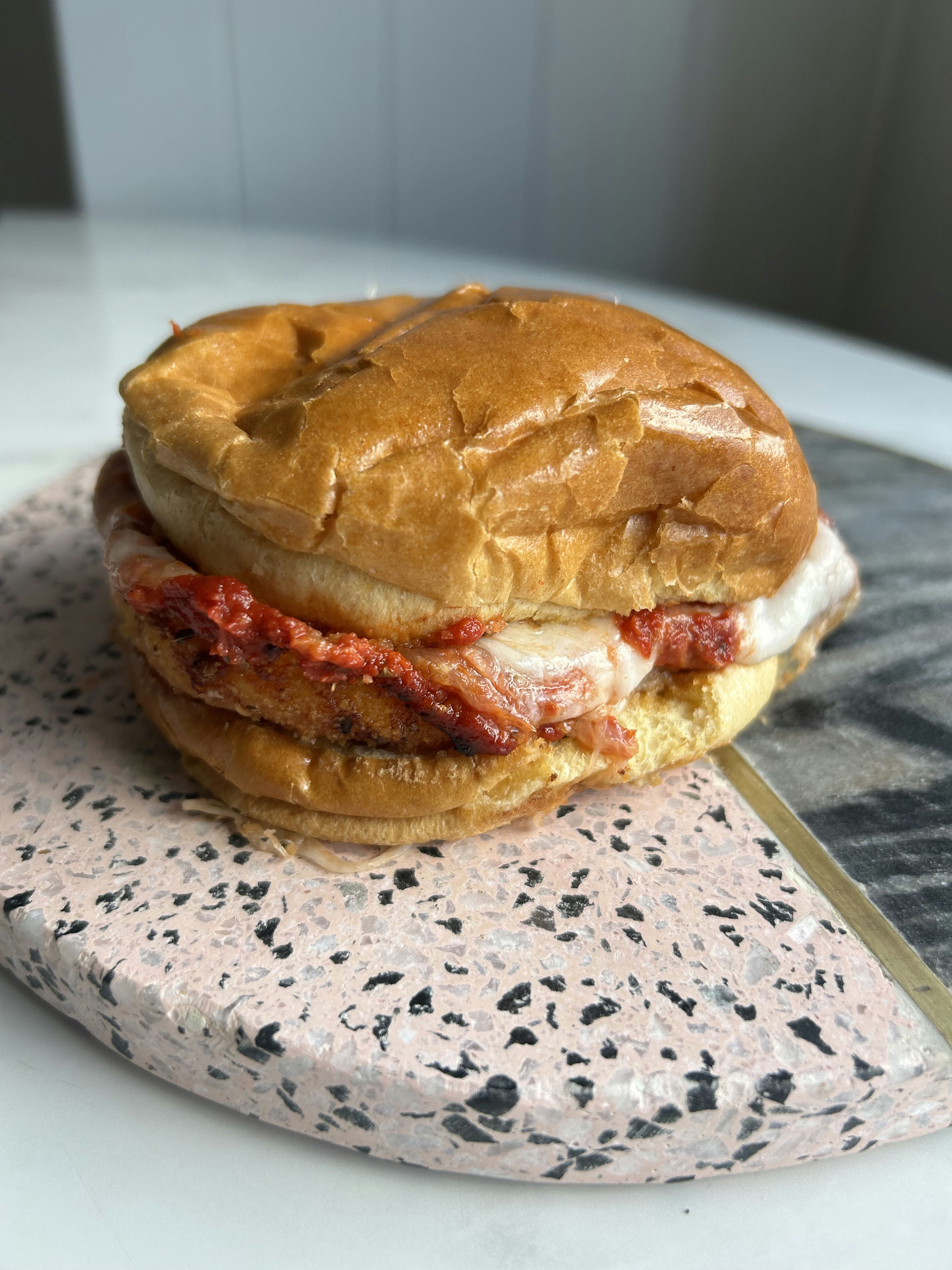 Air fryer chicken parmigiana burger