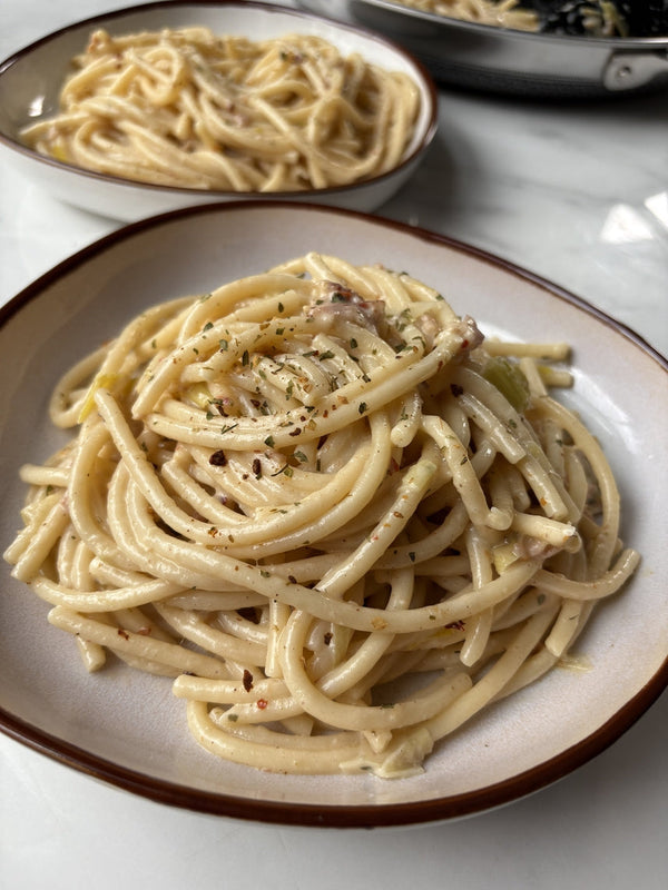 One pot bacon & leek boursin pasta bucatini