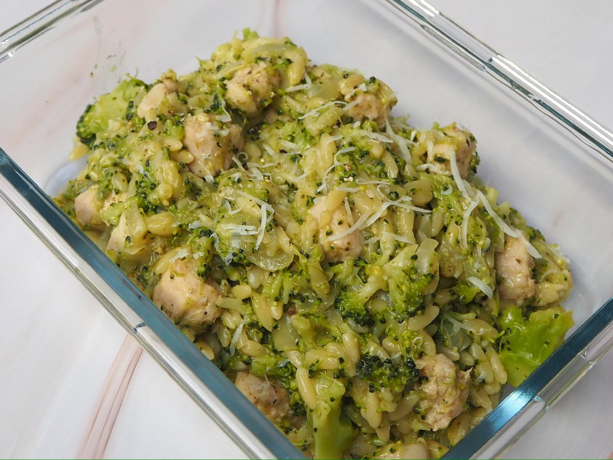 Sausage and broccoli pesto orzo