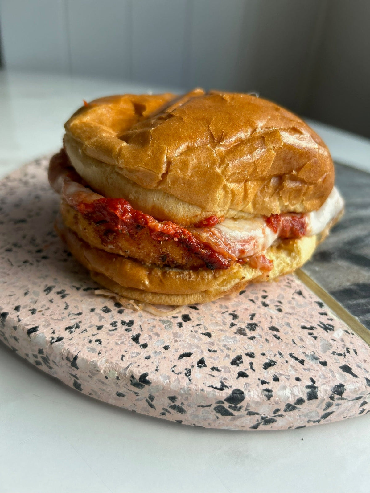 Air fryer chicken parmigiana burger