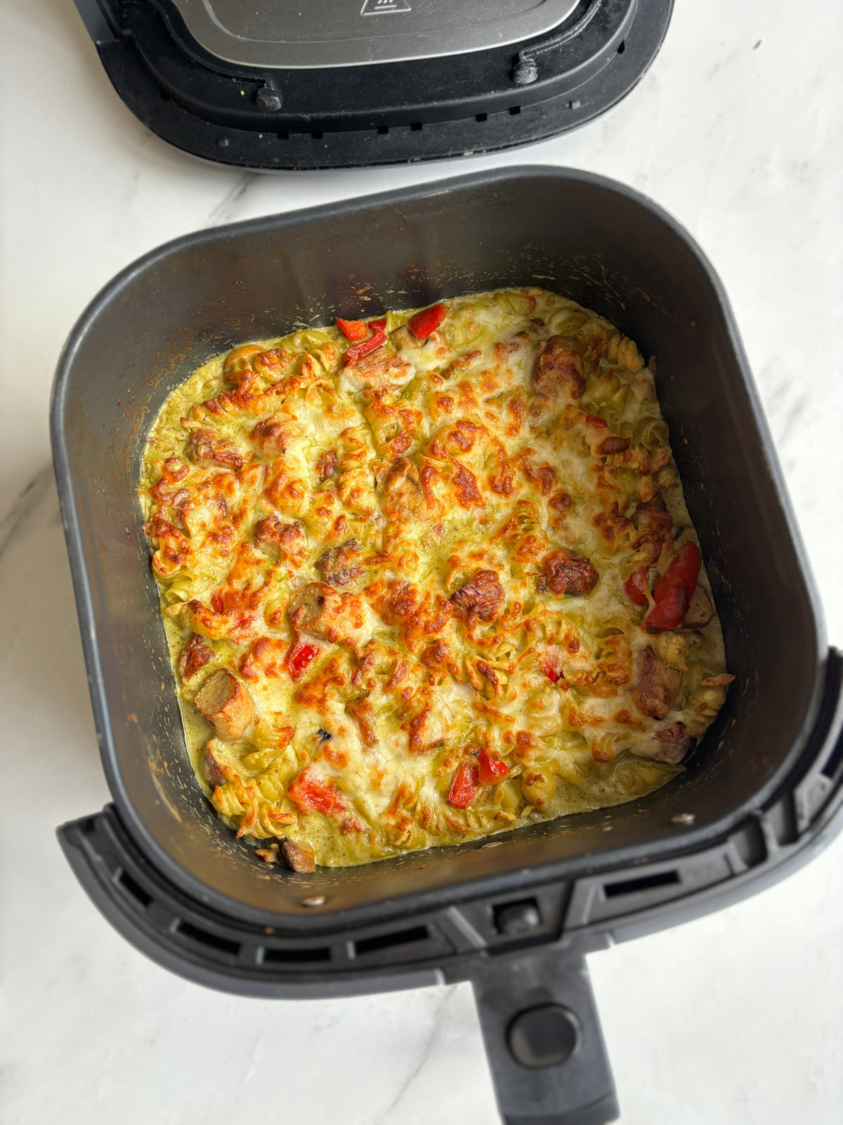 Air fryer creamy pesto sausage pasta