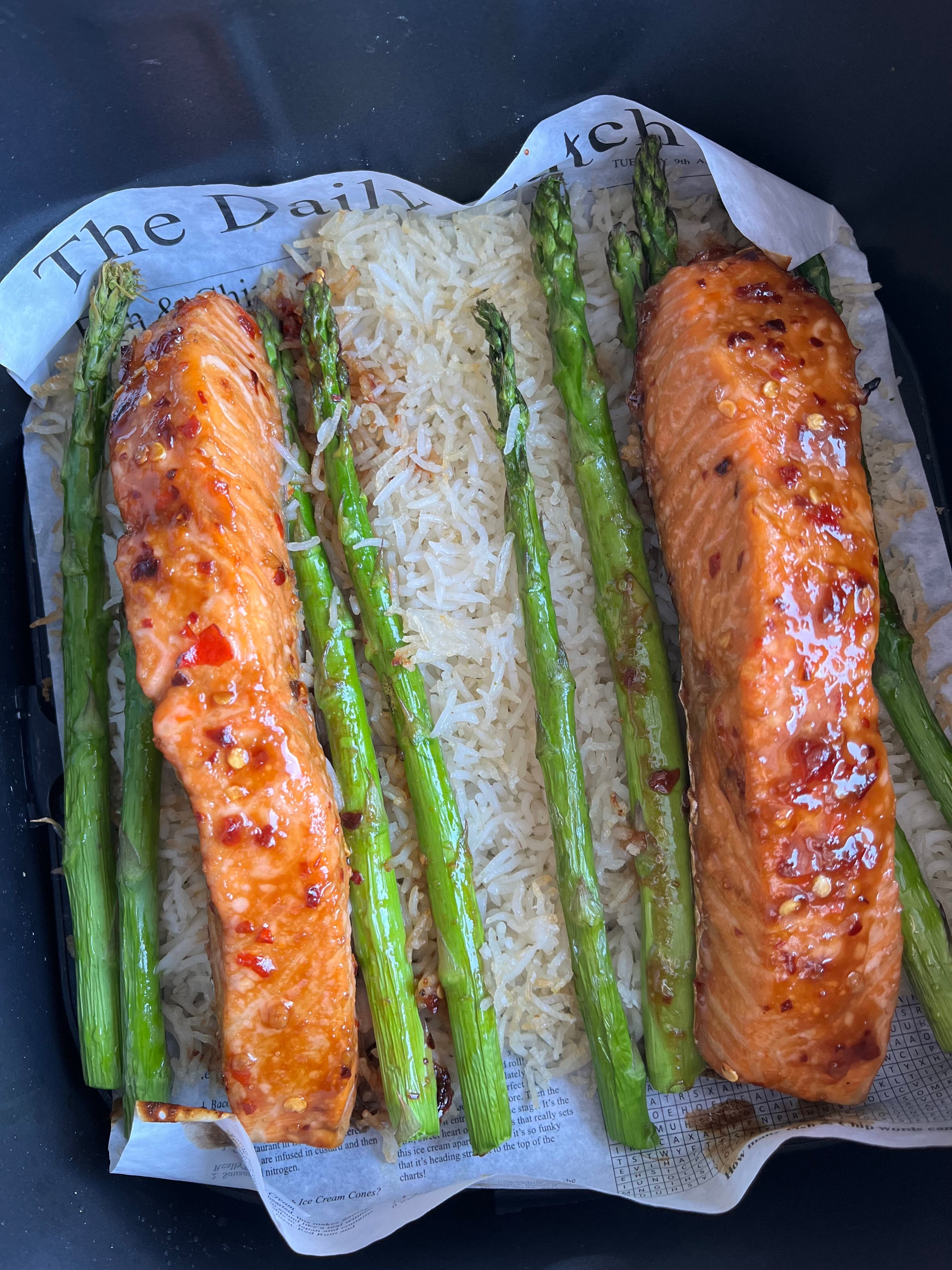 Air fryer salmon rice traybake