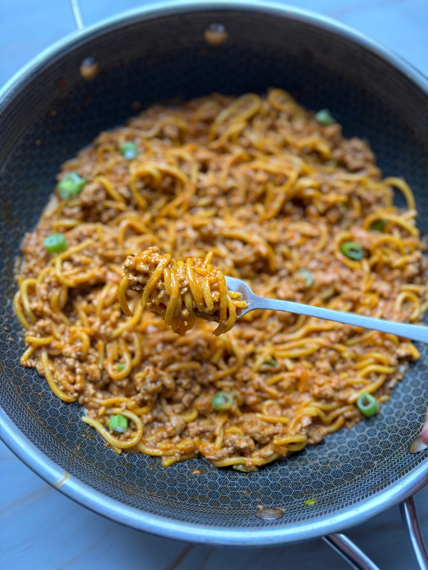 Creamy peanut pork noodles