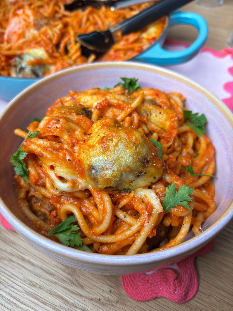 Cheesy stuffed meatball bake