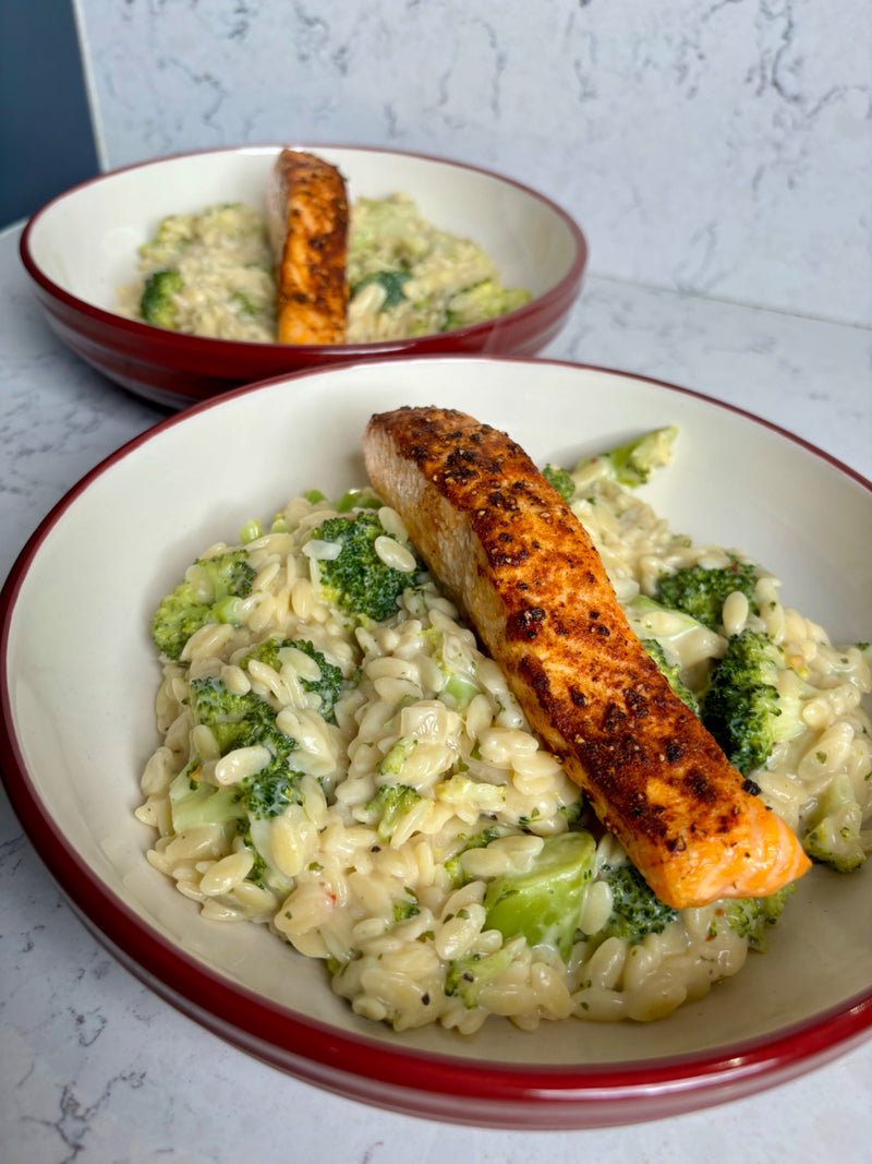 Air fryer salmon with broccoli, Boursin and orzo