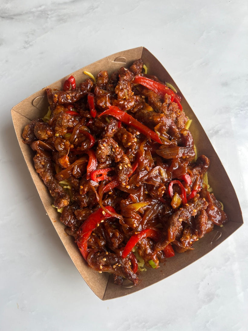 Crispy chilli beef & curried noodles