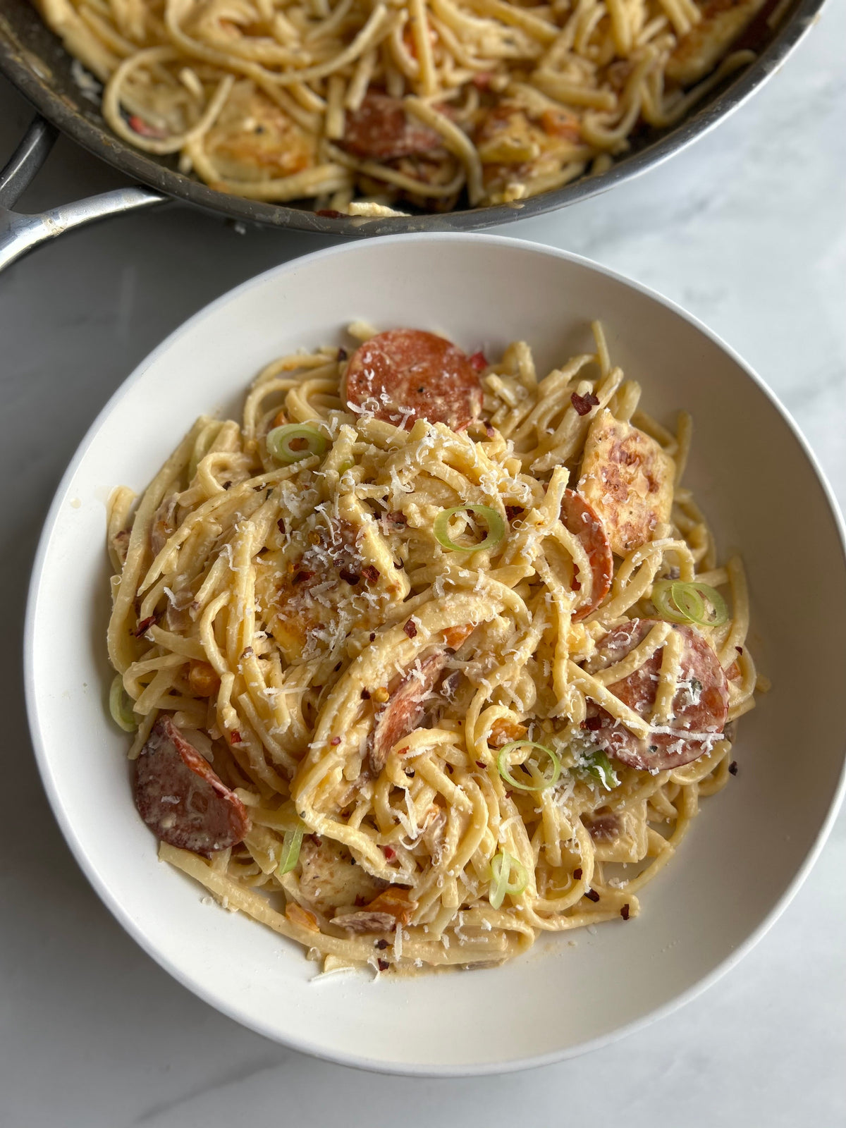 Creamy sweet chilli halloumi & pepperoni linguine