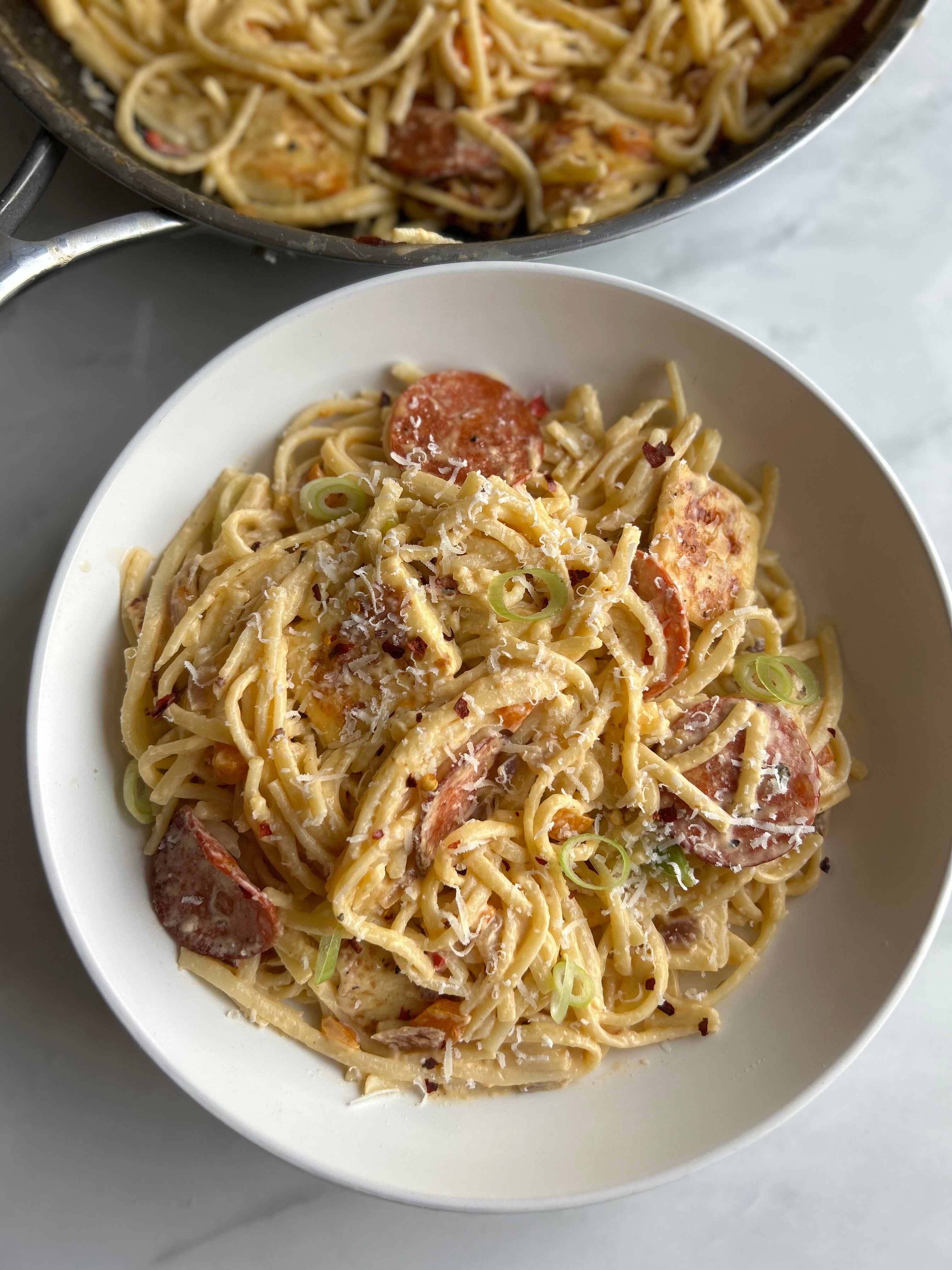 Creamy sweet chilli halloumi & pepperoni linguine