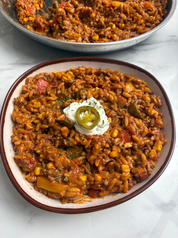 One Pan Cheesy Taco Orzo