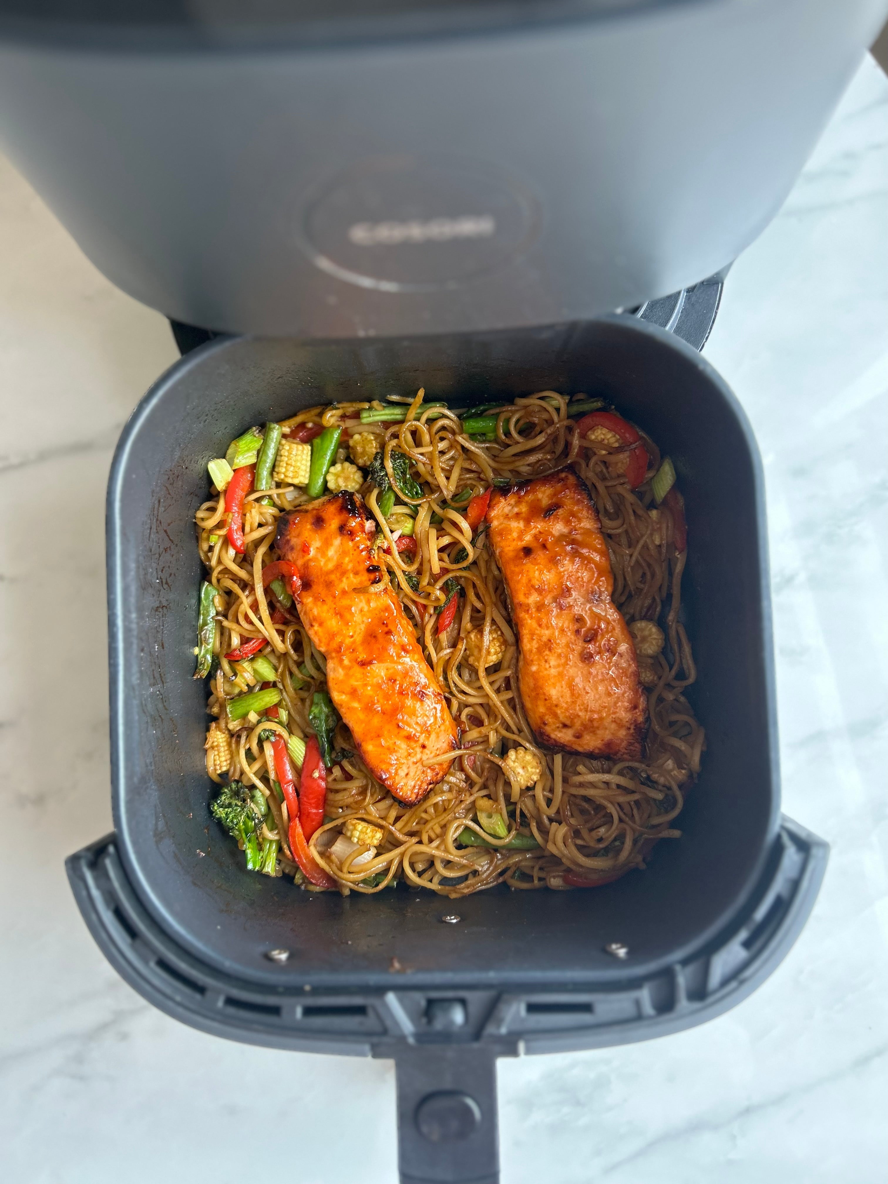 Air fryer bang bang salmon noodles
